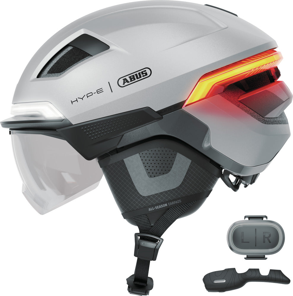 fahrradhelm mit automatischem visier Abus Hyp-E BL Ace Gleam Silver cykelhjelm