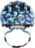 Abus Smiley 3.0 LED Blue Cars. Blauer Kinderhelm und Kleinkinderhelm mit Autos und LED Rücklicht